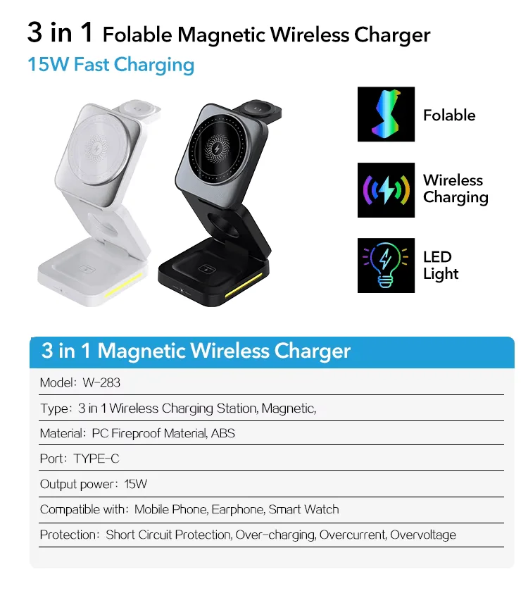 3-in-1 Foldable Magnetic Wireless Charger 15W - Phone Watch Earbuds + LED Lamp - Image 1