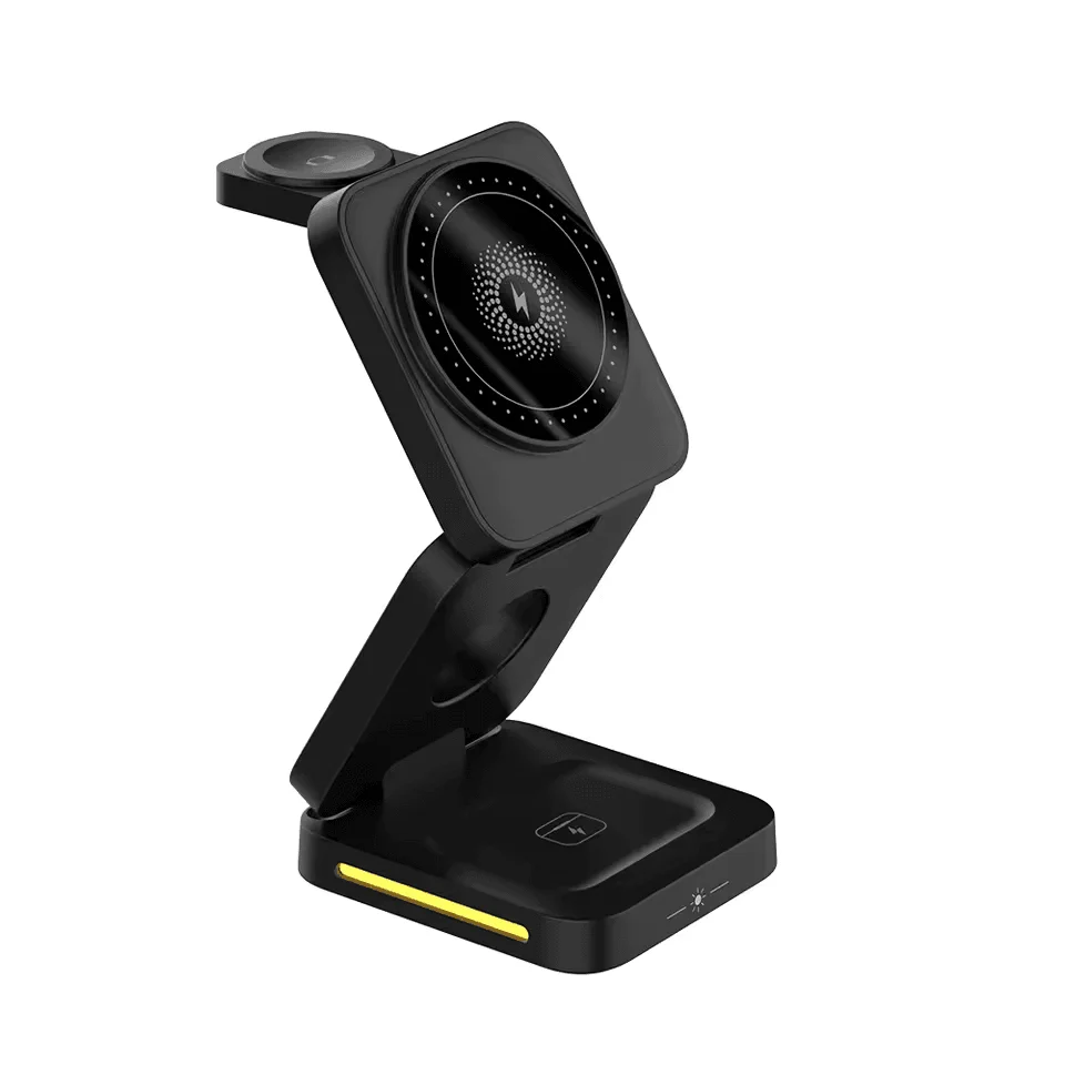 3-in-1 Foldable Magnetic Wireless Charger 15W - Phone Watch Earbuds + LED Lamp - Image 1