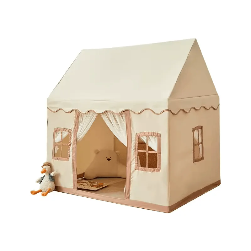 Kids Playhouse Tent - Cute Cottage Indoor Tent, Mesh Curtains, Windows, Boys & Girls Play Tent - Image 1